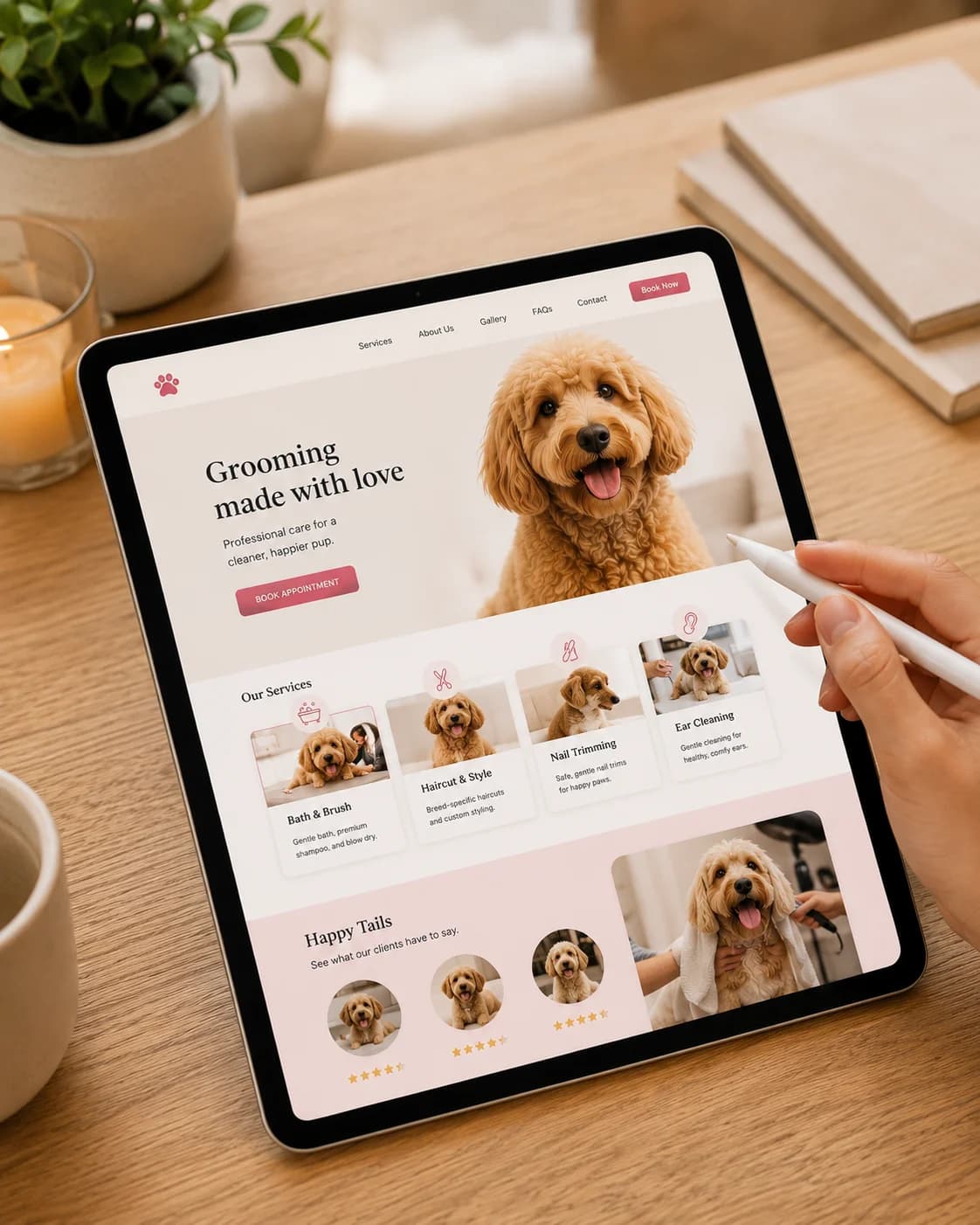 Custom pet grooming website design shown on a tablet