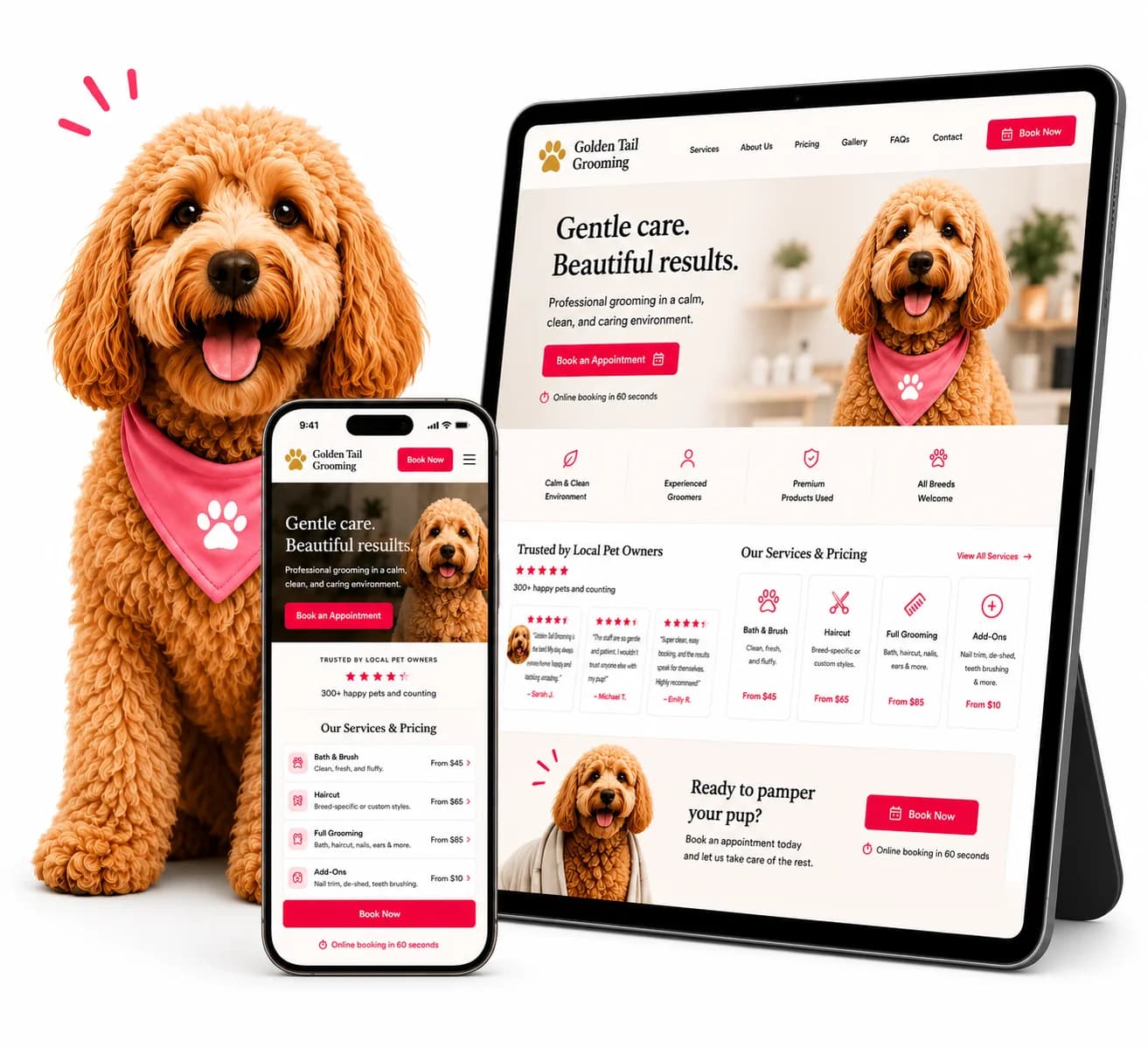 A sample custom pet grooming website concept displayed on a tablet and phone
